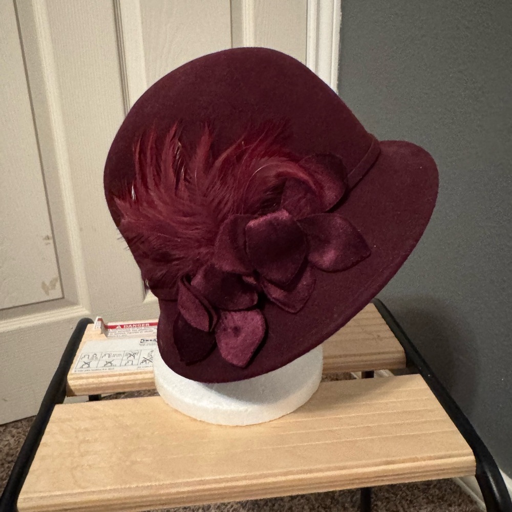 Elegant Josette Burgundy Cloche Hat with feathers